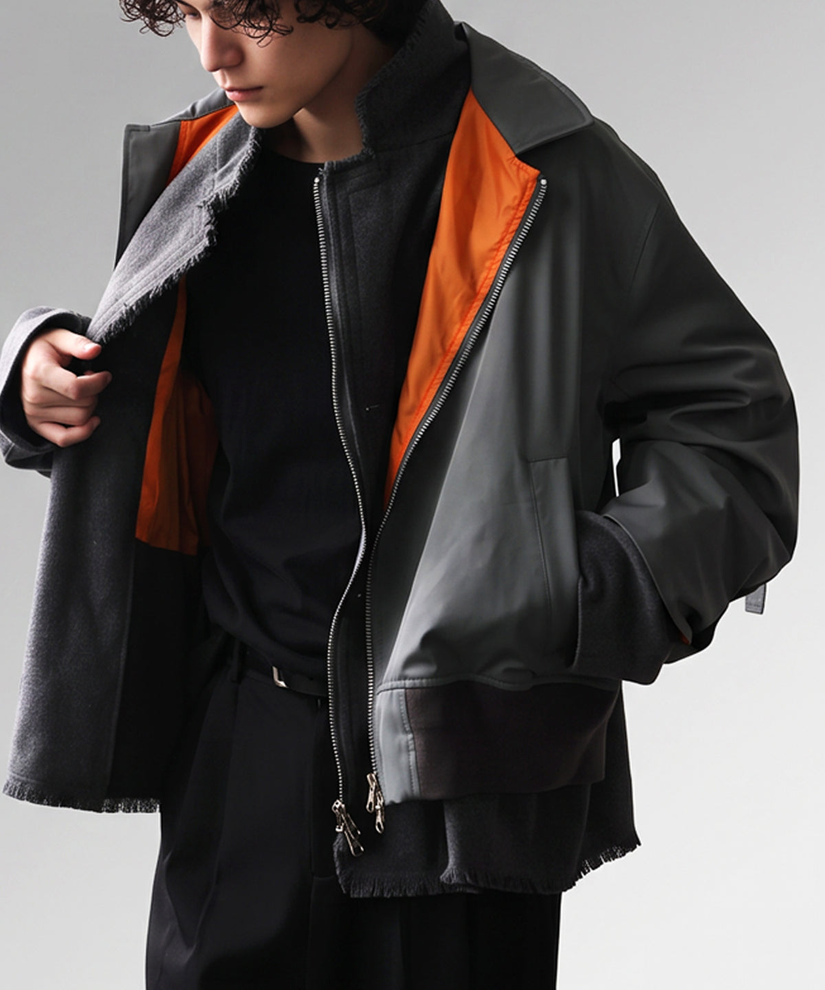 Mixed-Material, Layered Look, Short Length, Double-Zip Ma-1 Jacket Men’s