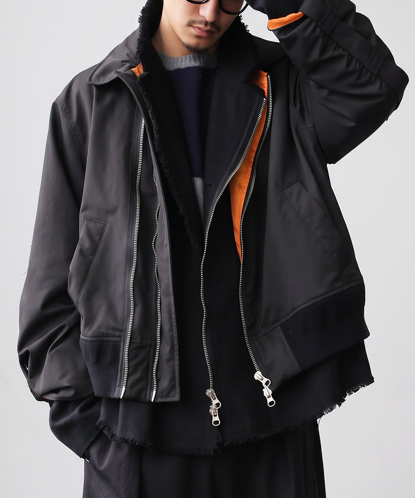 Mixed-Material, Layered Look, Short Length, Double-Zip Ma-1 Jacket Men’s