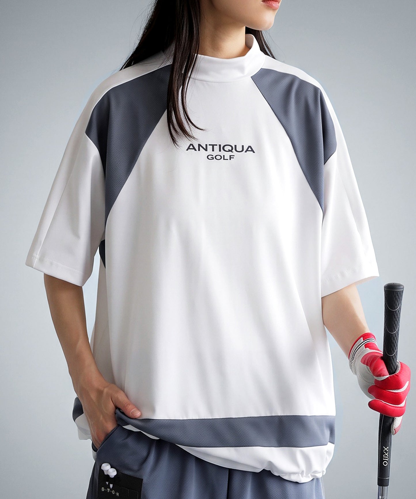 ANTIQUA GOLF×STCH Moisture-Wicking, Quick-Drying, Stretch Mock Neck Logo T-Shirt Ladies