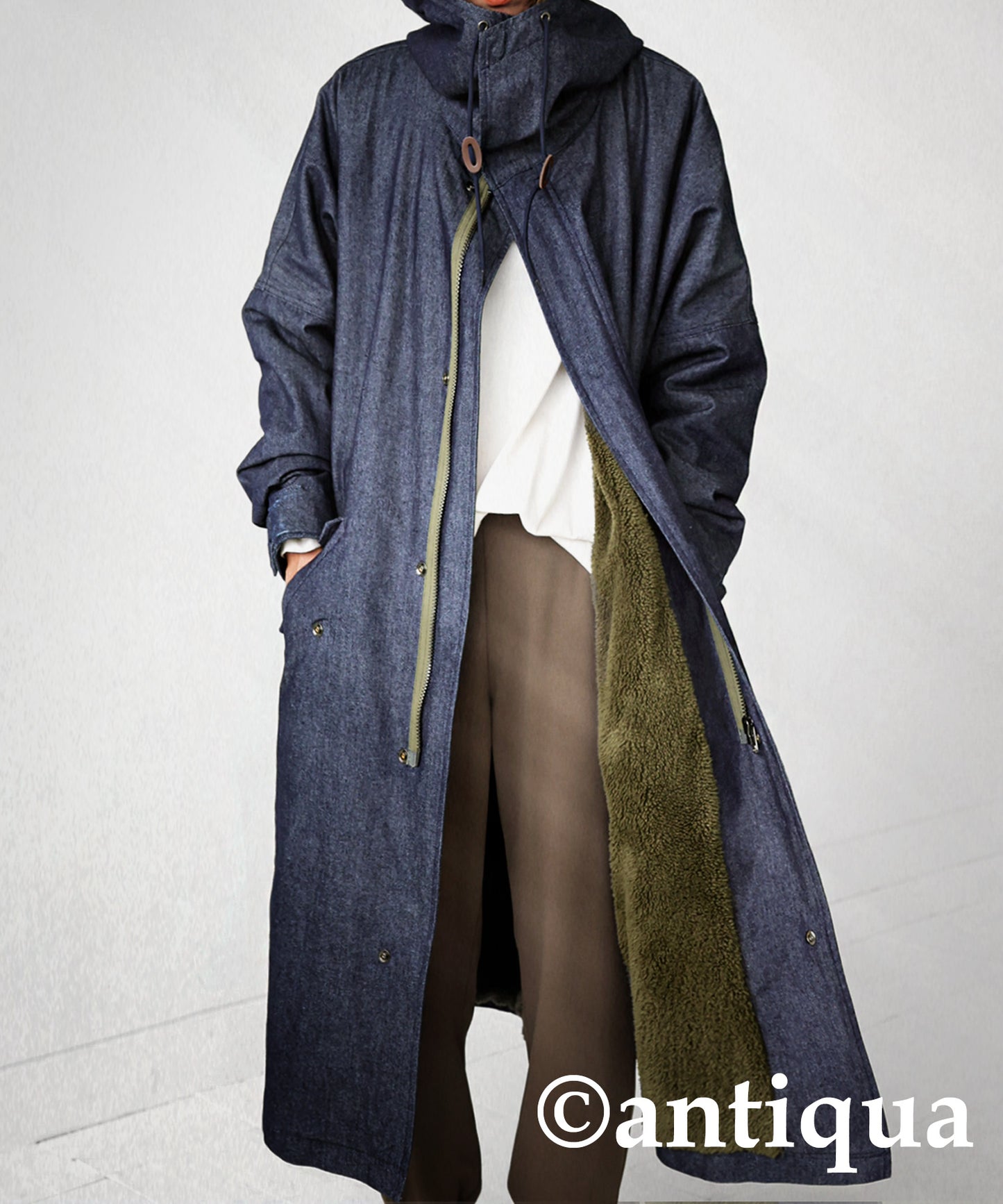 Denim Ladies long coat boa lining