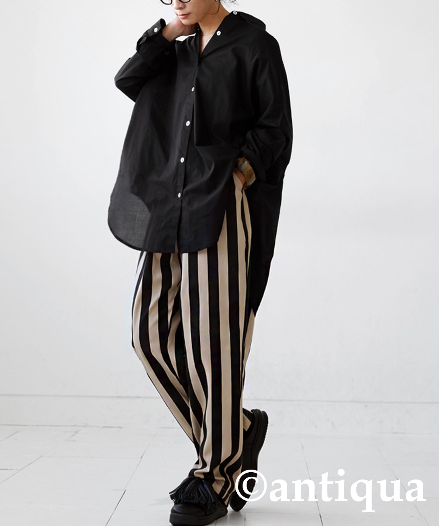 Ladies tapered full-length pants vertical stripe