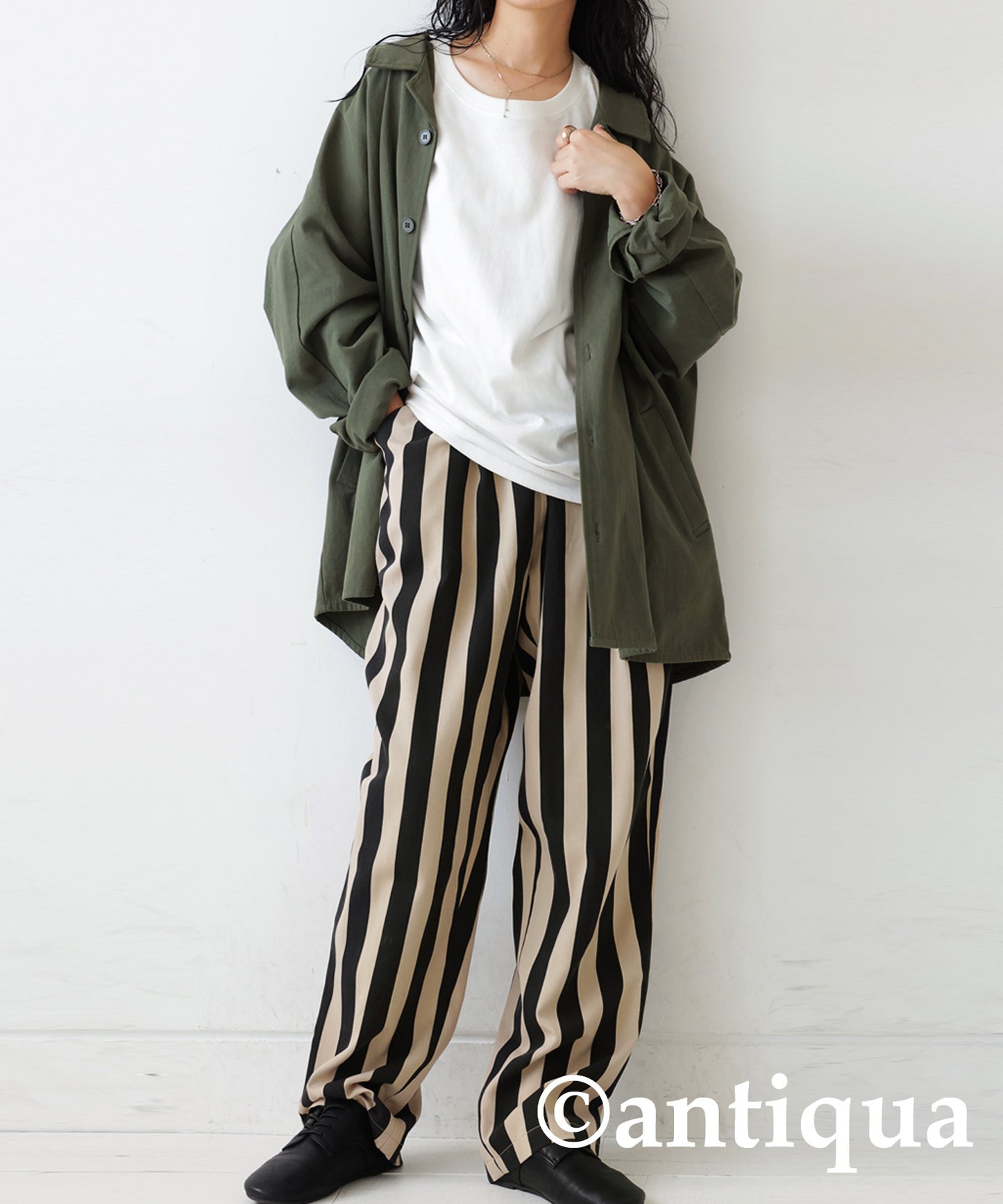 Ladies tapered full-length pants vertical stripe