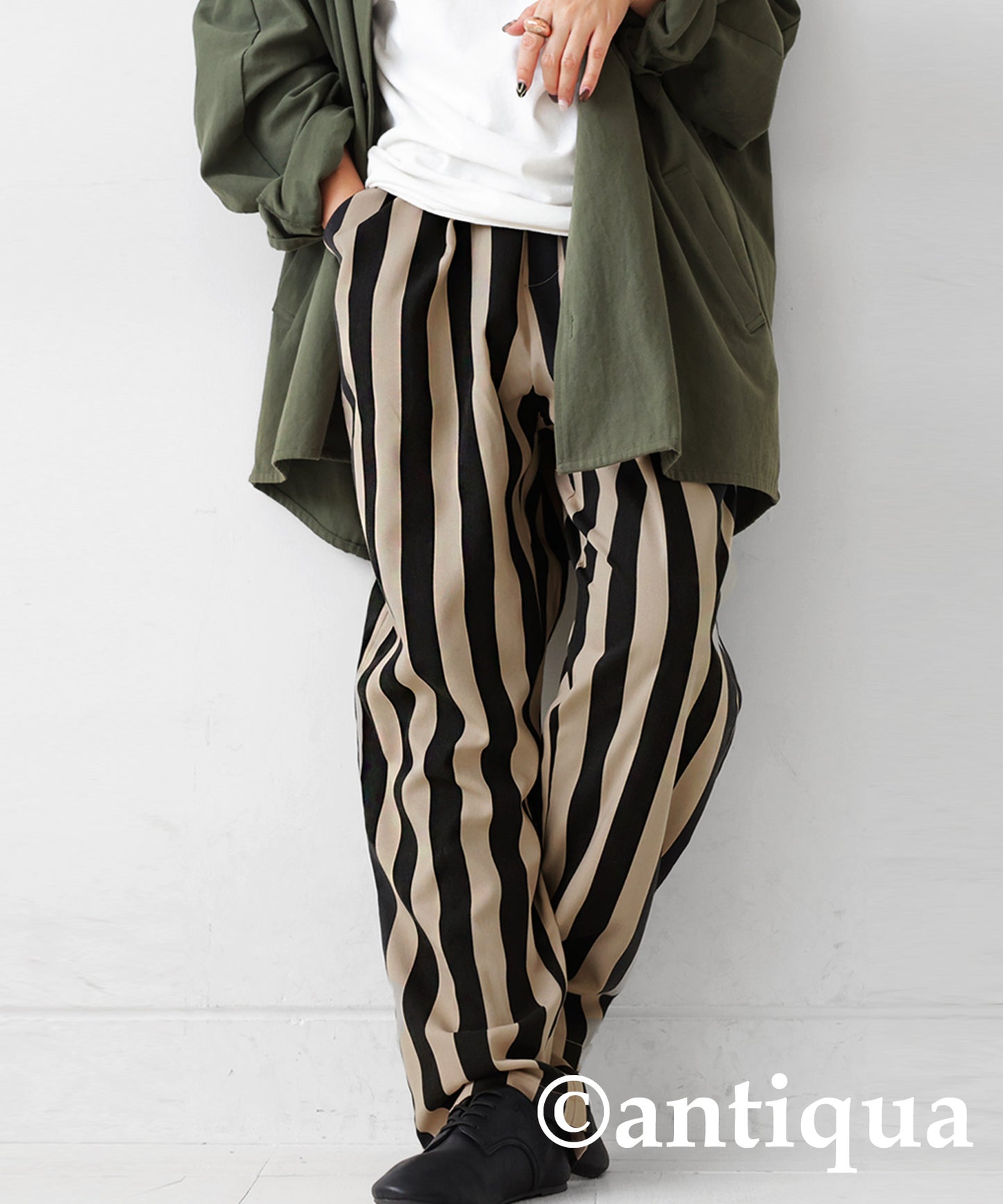 Ladies tapered full-length pants vertical stripe