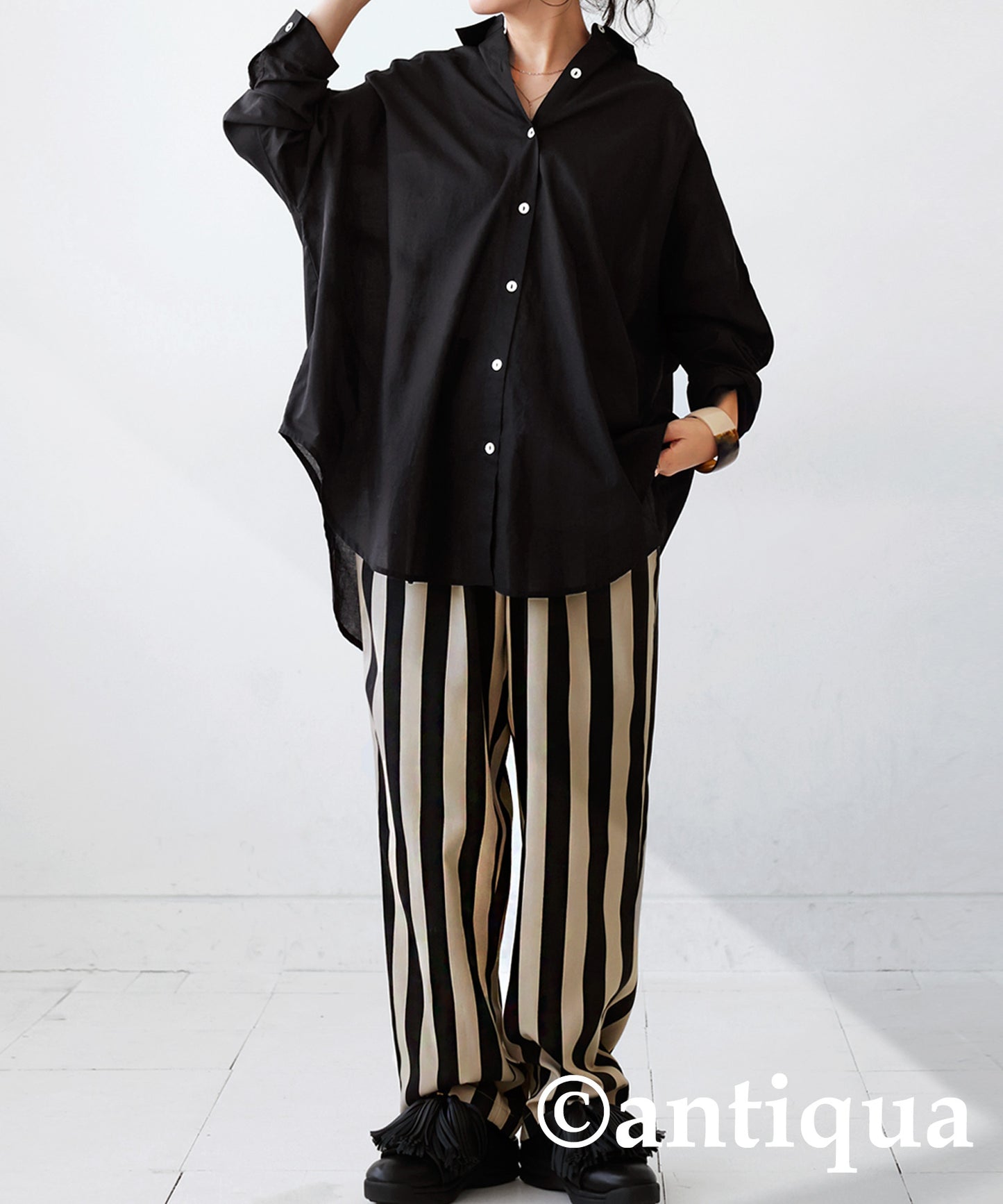 Ladies tapered full-length pants vertical stripe