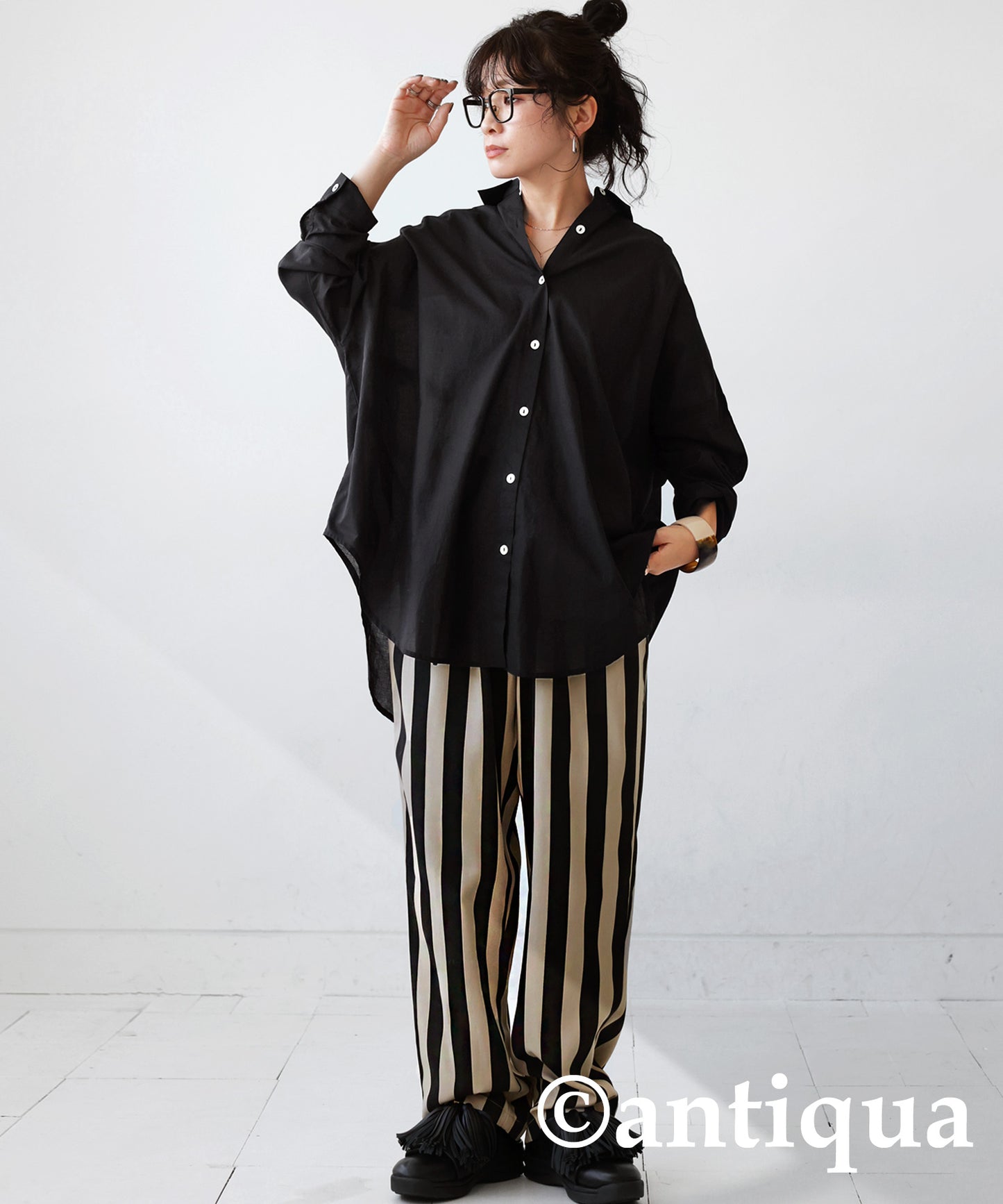 Ladies tapered full-length pants vertical stripe