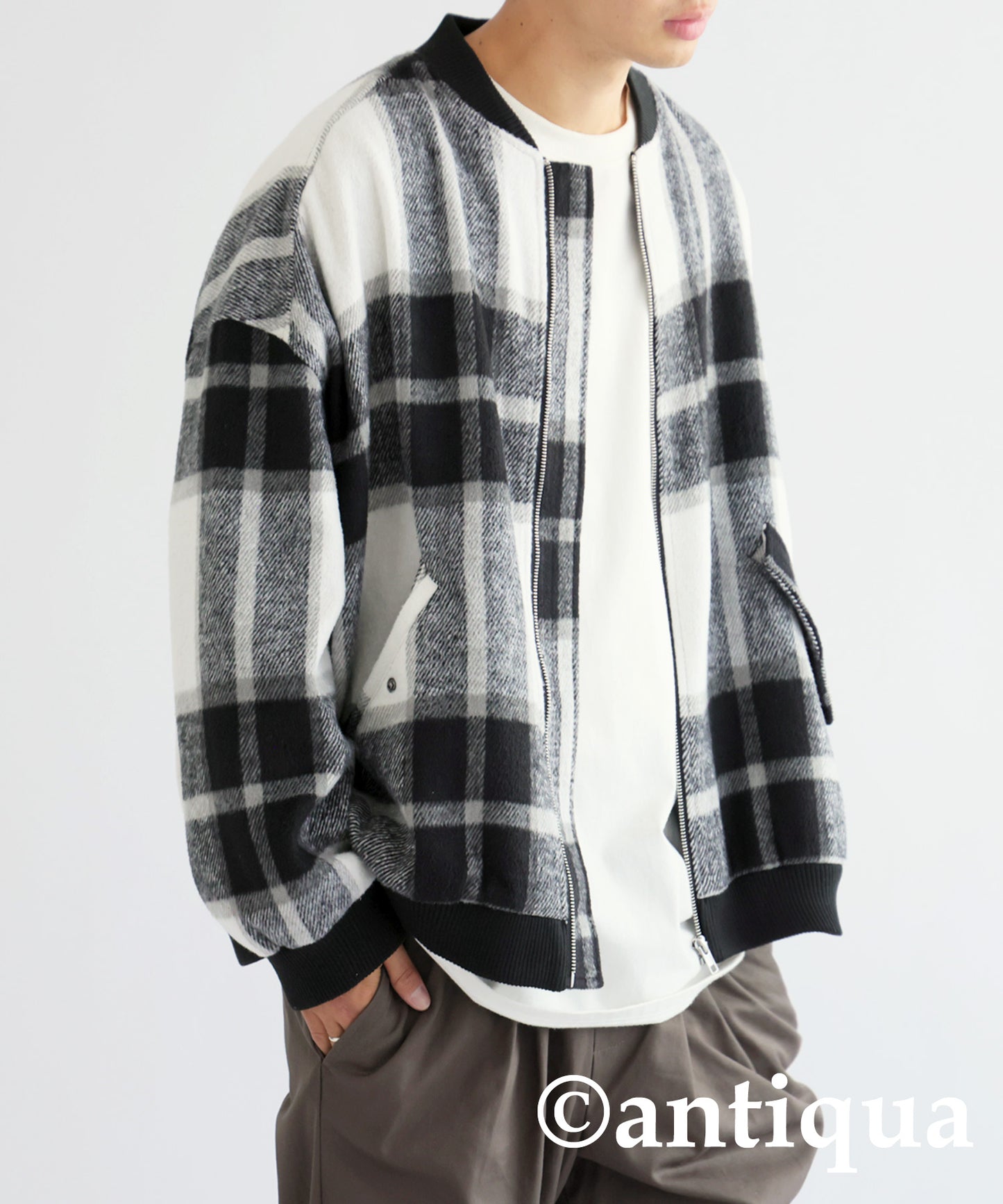 Large checked pattern blouson Men's