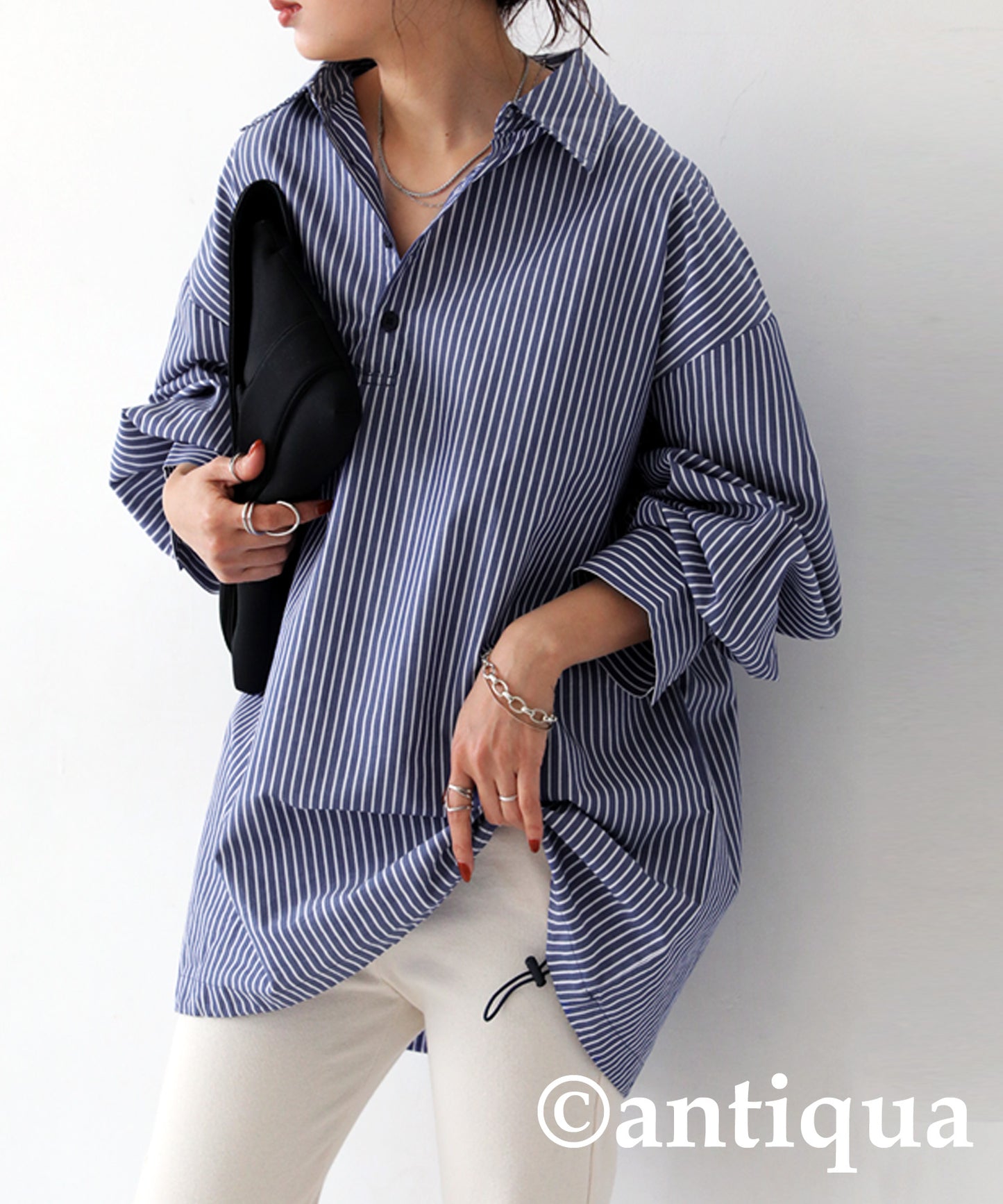 Stripe Shirt with Drawstring Ladies