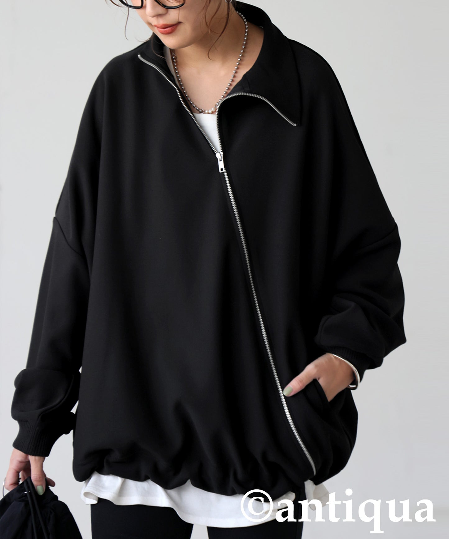 Diagonal Zip Fleece-Lined Georgette Jacket Ladies