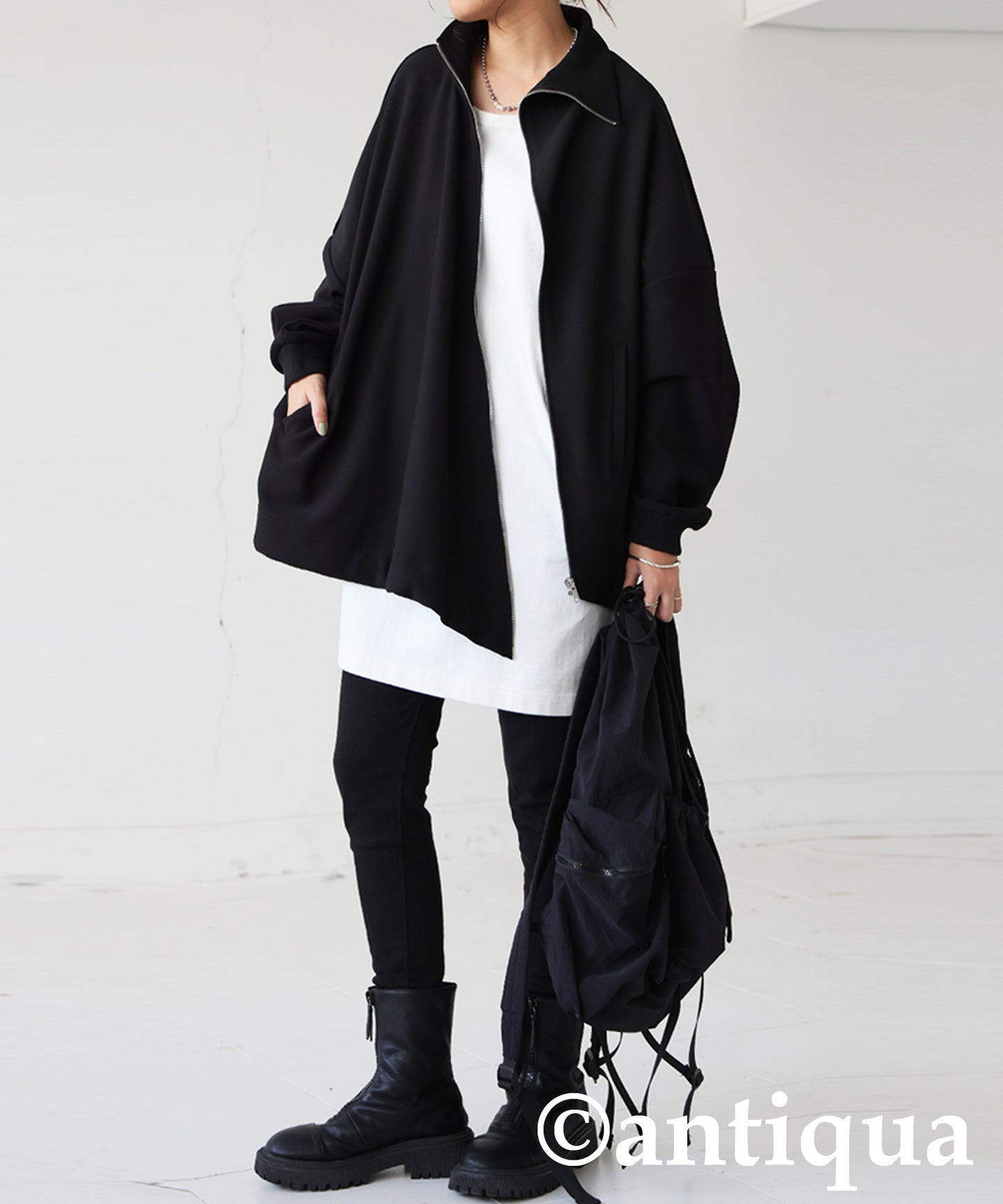 Diagonal Zip Fleece-Lined Georgette Jacket Ladies