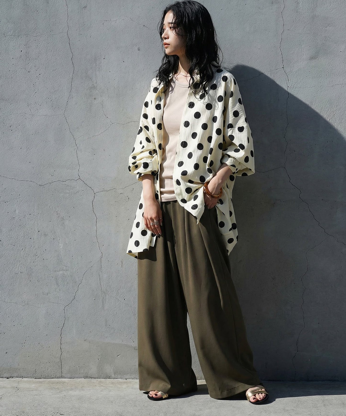 Band Collar Long-Sleeved Polka Dot Shirt Ladies