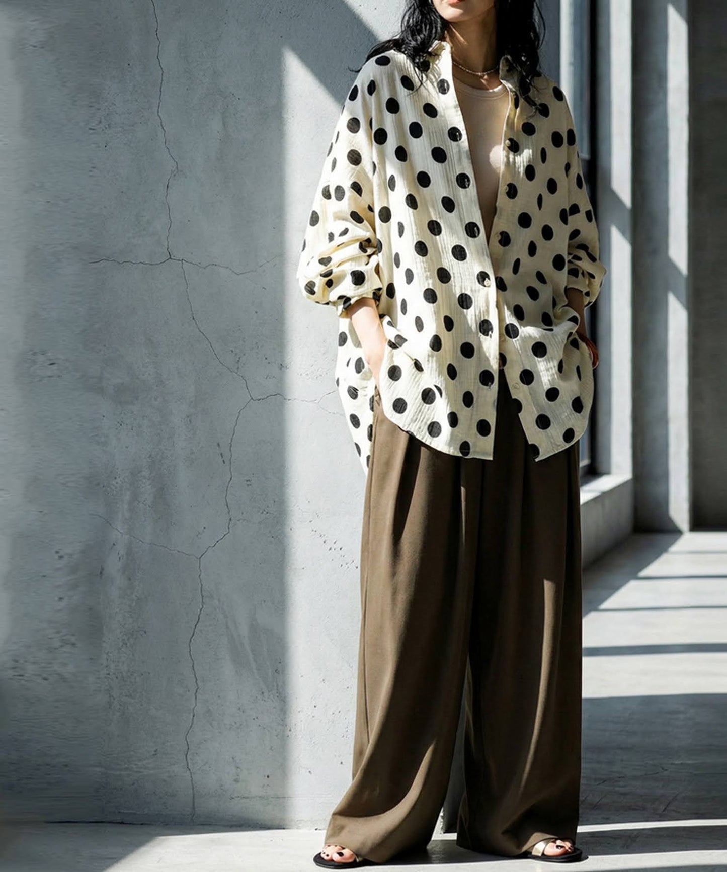 Band Collar Long-Sleeved Polka Dot Shirt Ladies