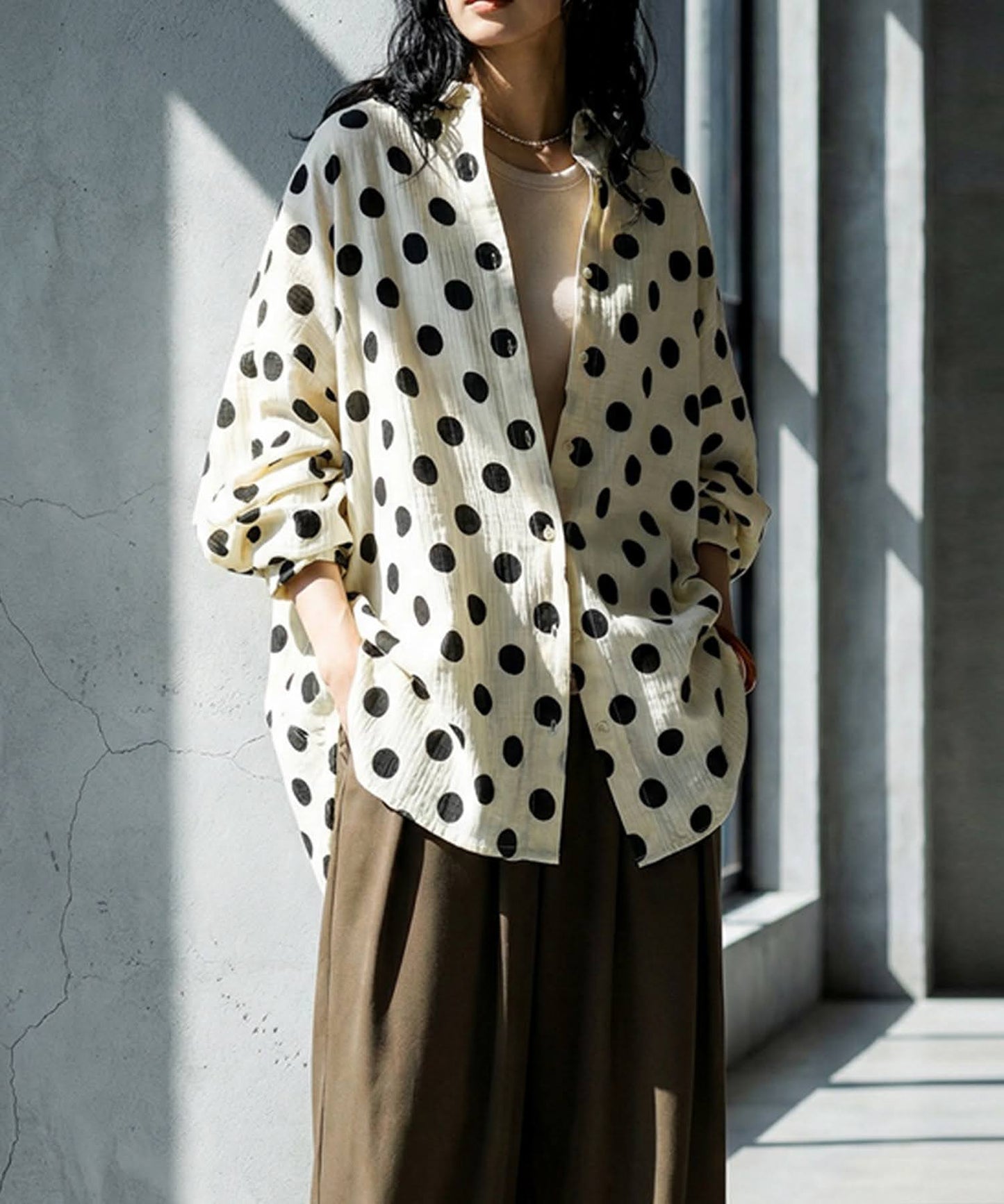 Band Collar Long-Sleeved Polka Dot Shirt Ladies