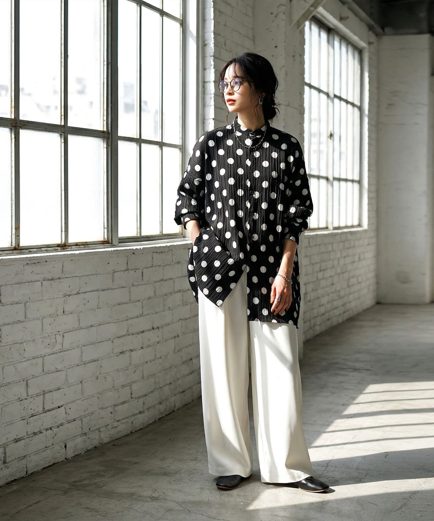 Band Collar Long-Sleeved Polka Dot Shirt Ladies
