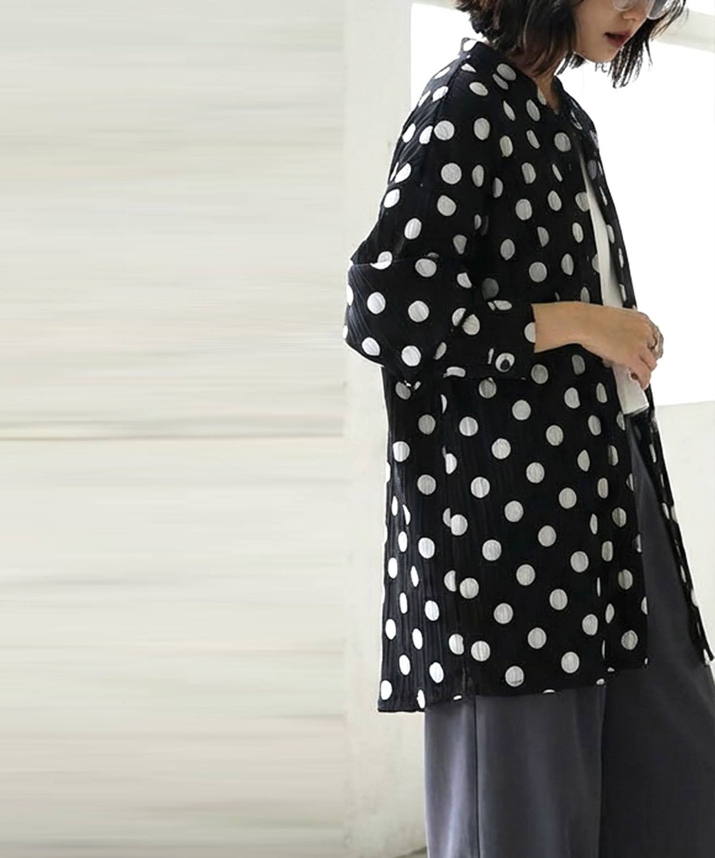 Band Collar Long-Sleeved Polka Dot Shirt Ladies