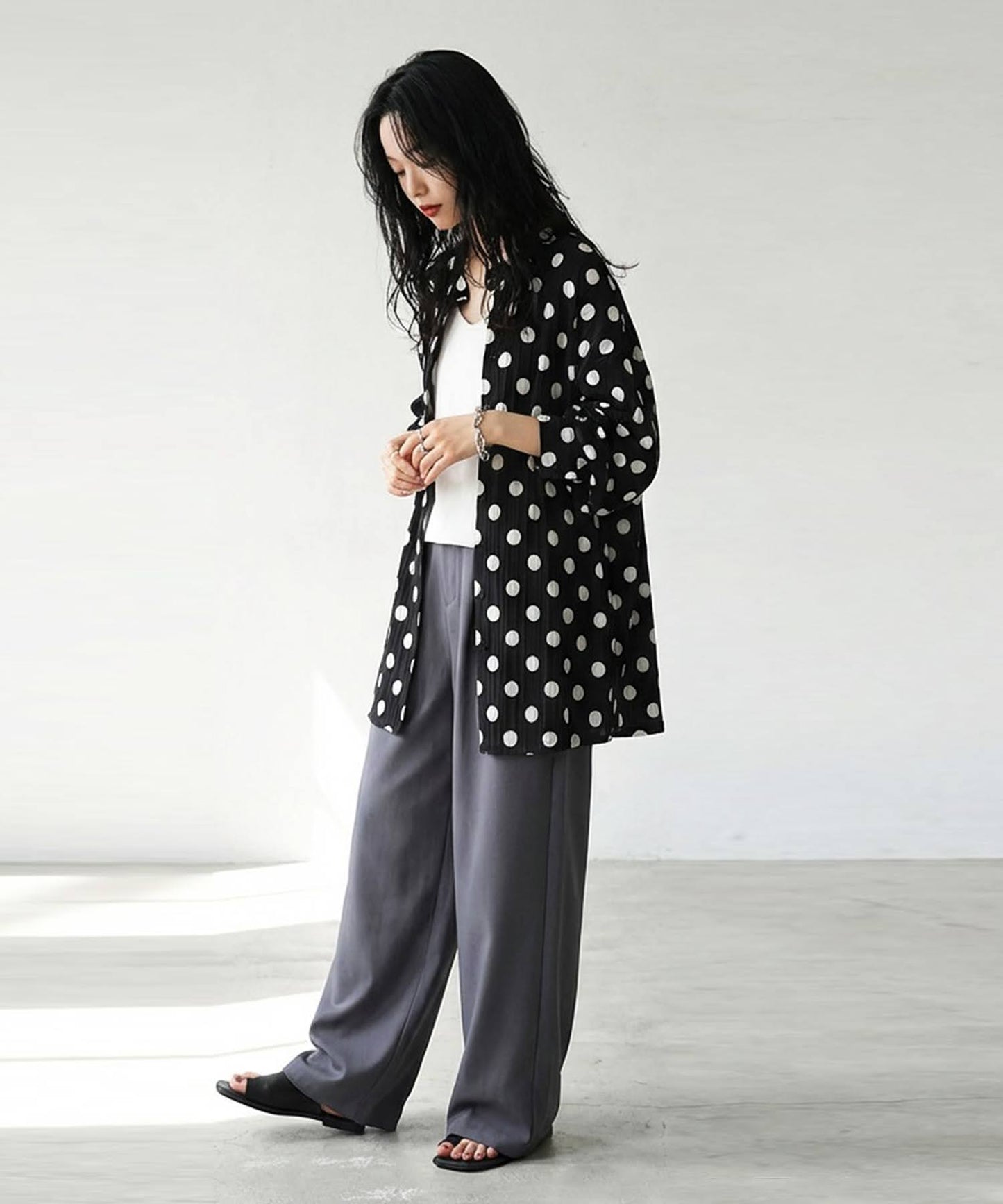 Band Collar Long-Sleeved Polka Dot Shirt Ladies