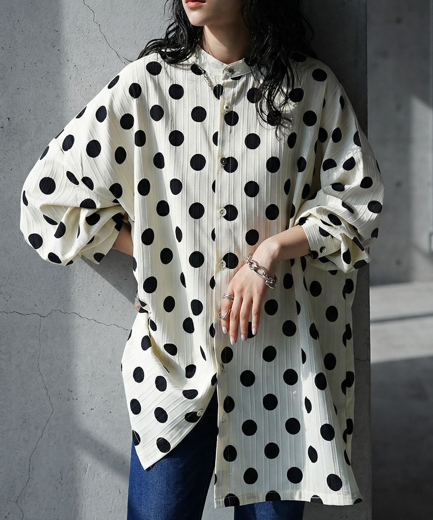 Band Collar Long-Sleeved Polka Dot Shirt Ladies