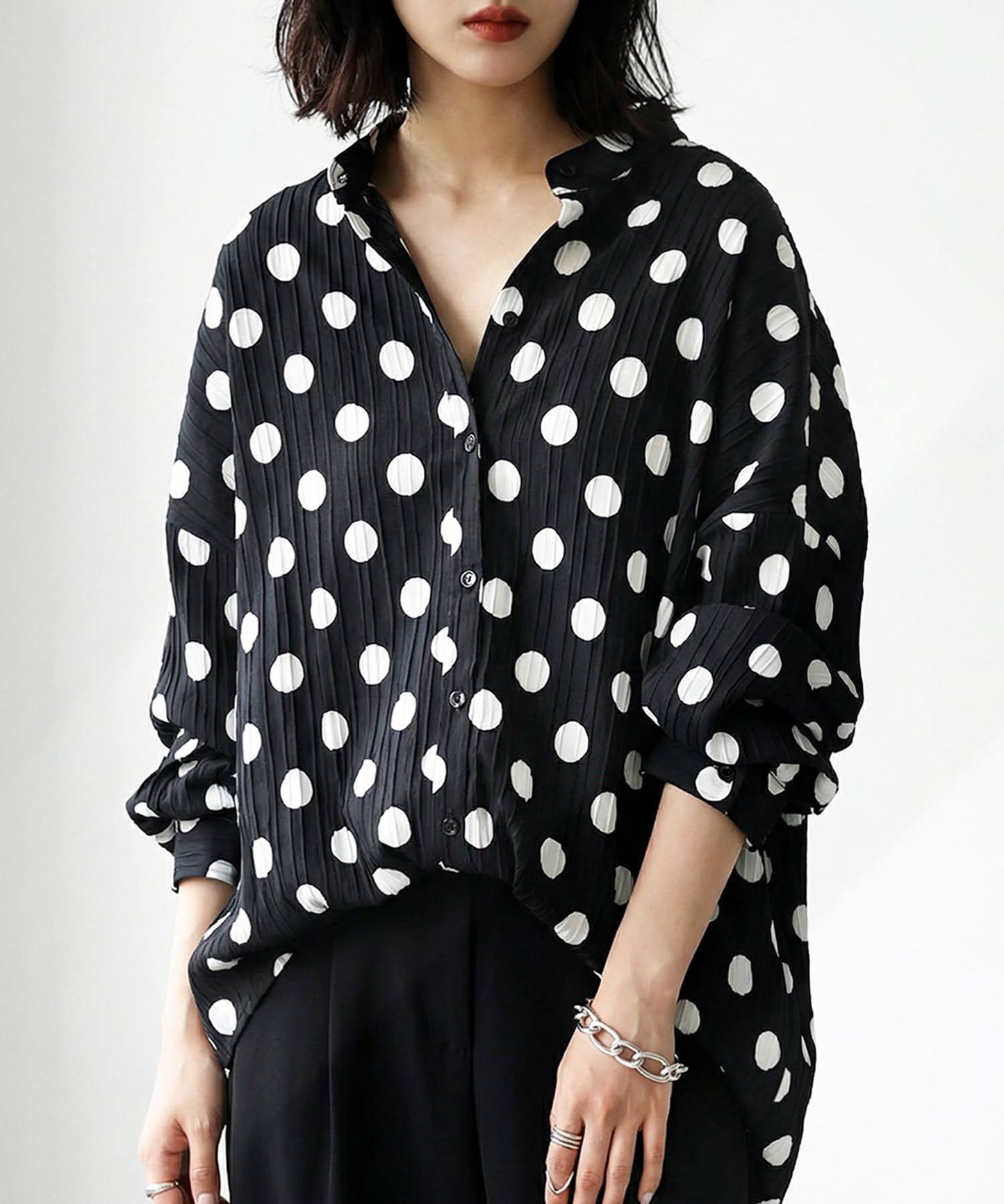 Band Collar Long-Sleeved Polka Dot Shirt Ladies