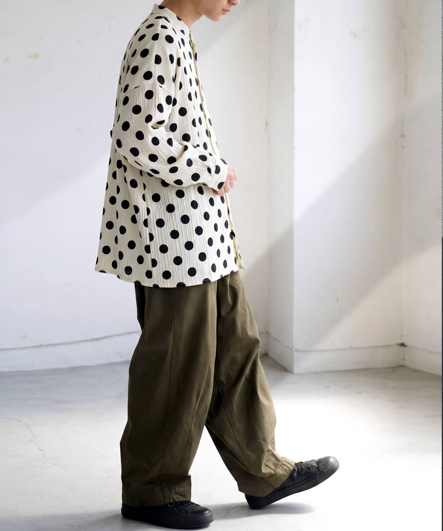 Band Collar Long-Sleeved Polka Dot Shirt Men's