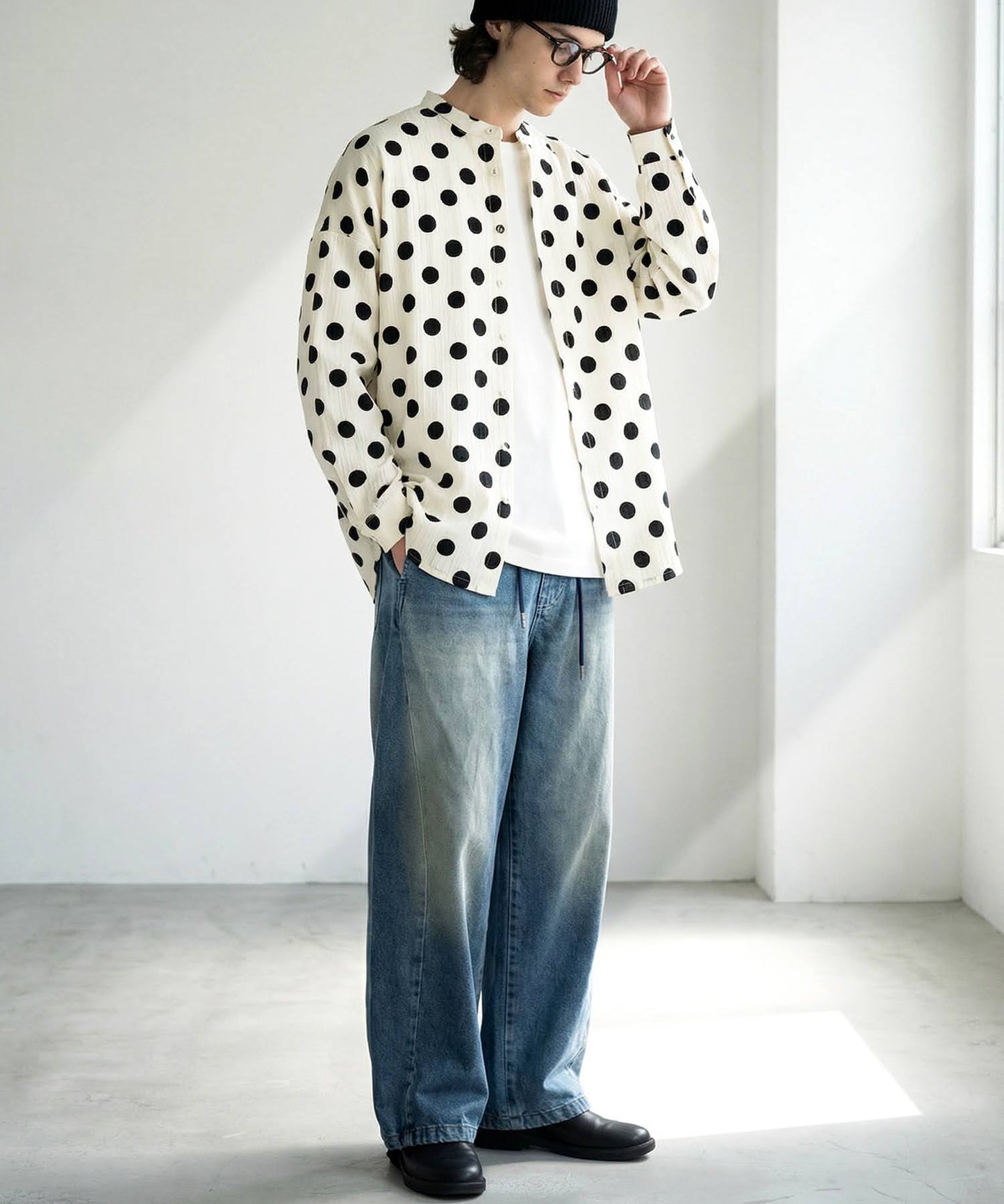 Band Collar Long-Sleeved Polka Dot Shirt Men's