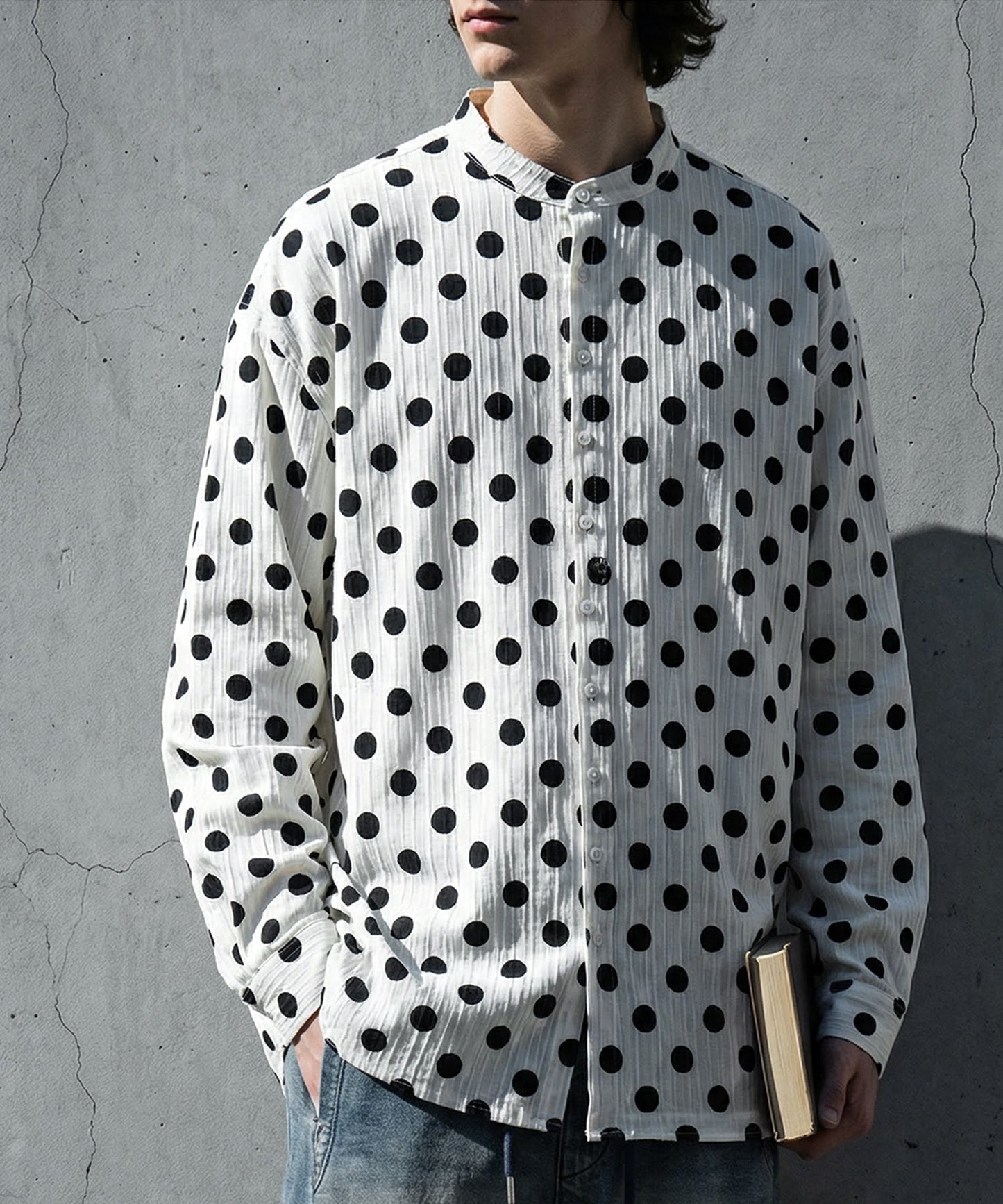 Band Collar Long-Sleeved Polka Dot Shirt Men's