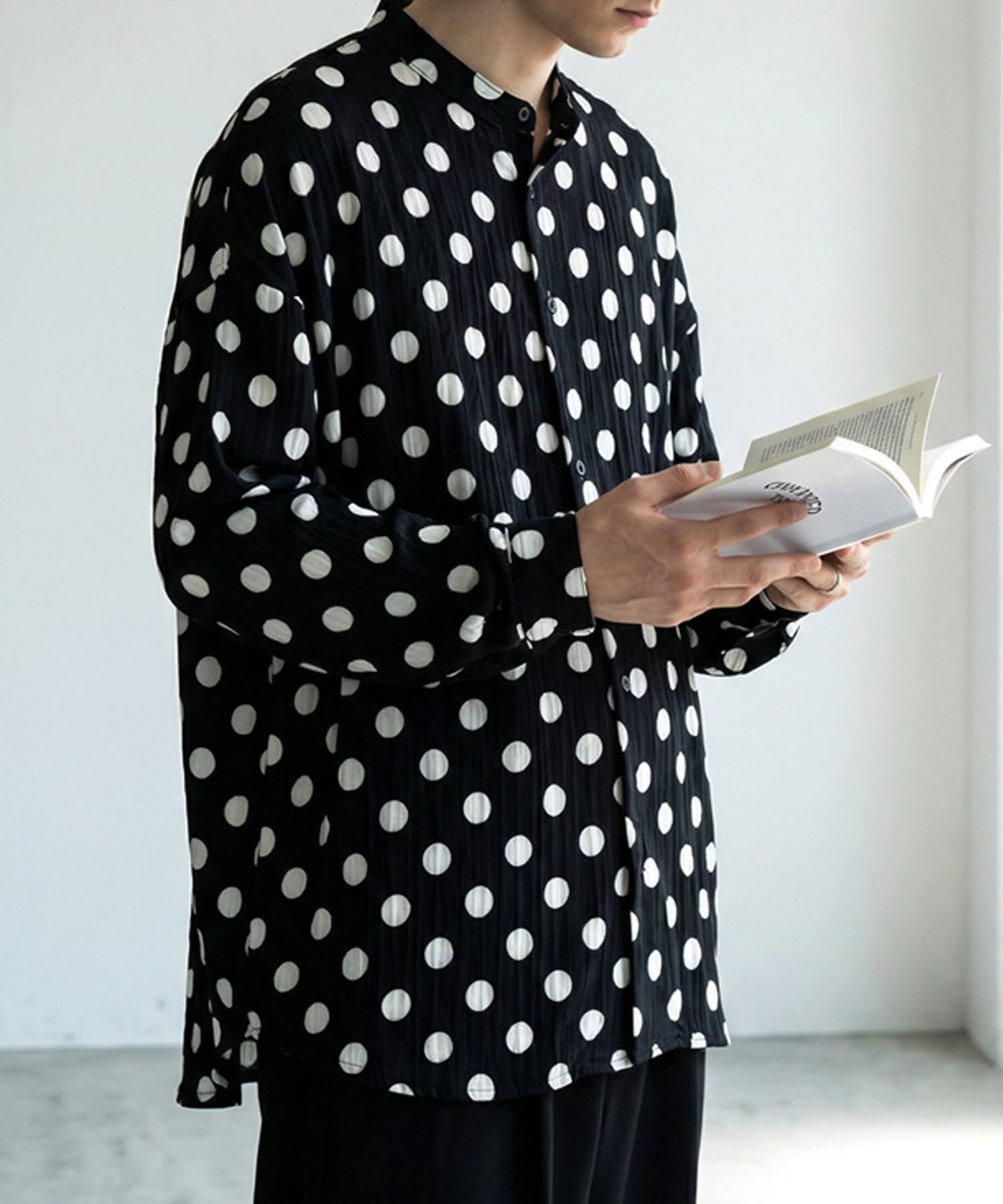 Band Collar Long-Sleeved Polka Dot Shirt Men's