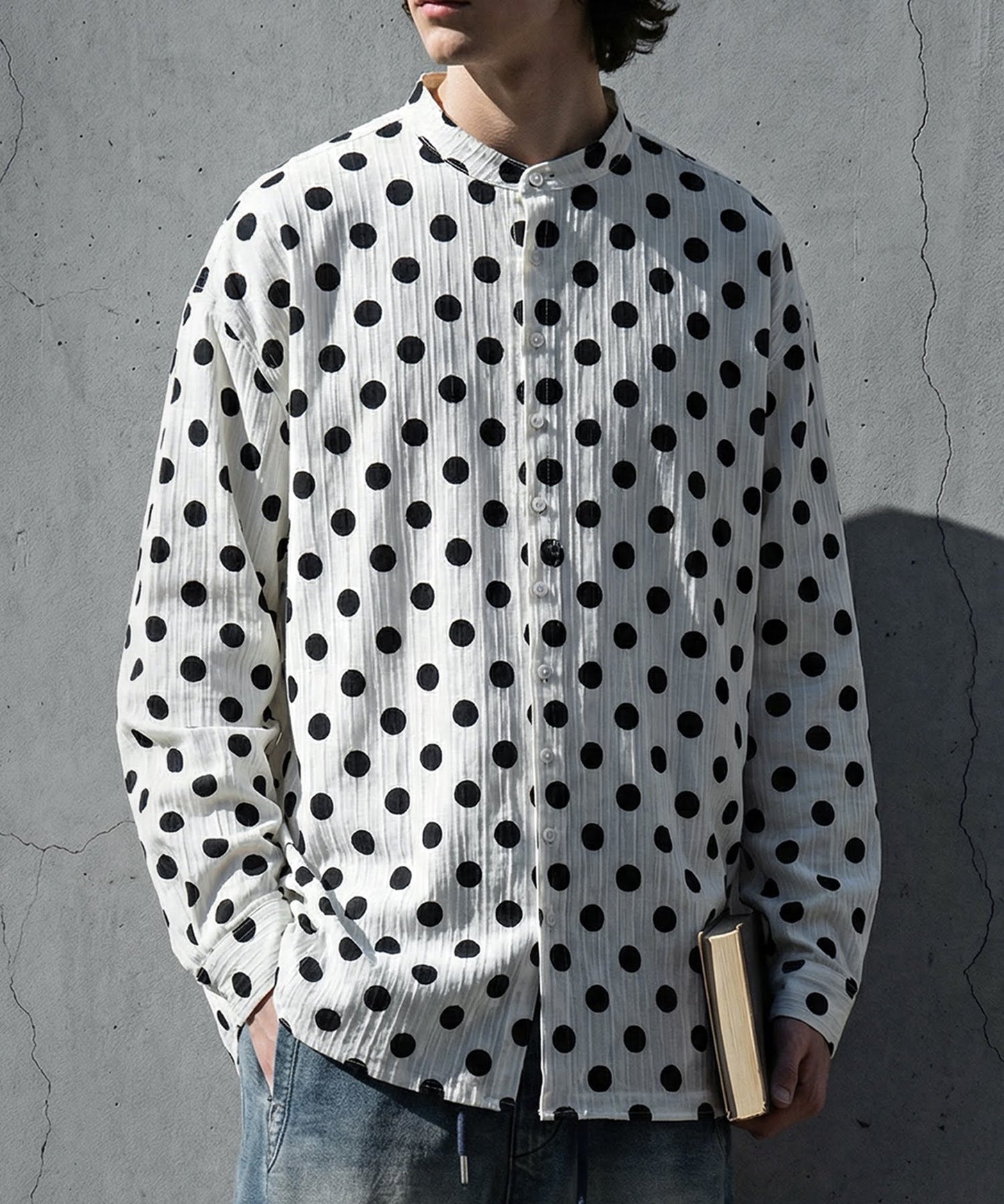 Band Collar Long-Sleeved Polka Dot Shirt Men's