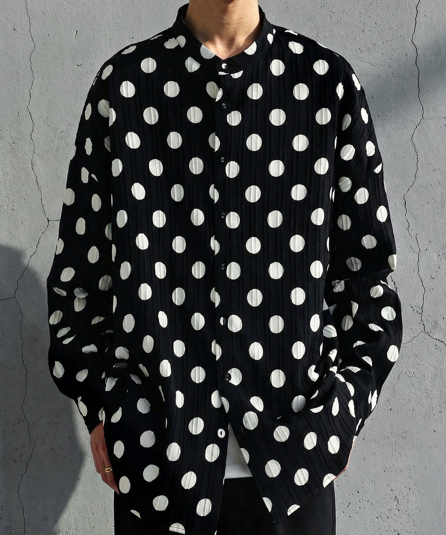 Band Collar Long-Sleeved Polka Dot Shirt Men's