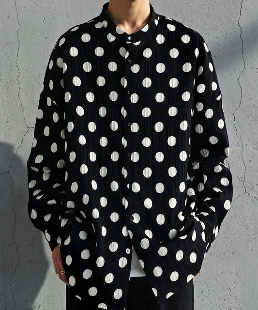 Band Collar Long-Sleeved Polka Dot Shirt Men's