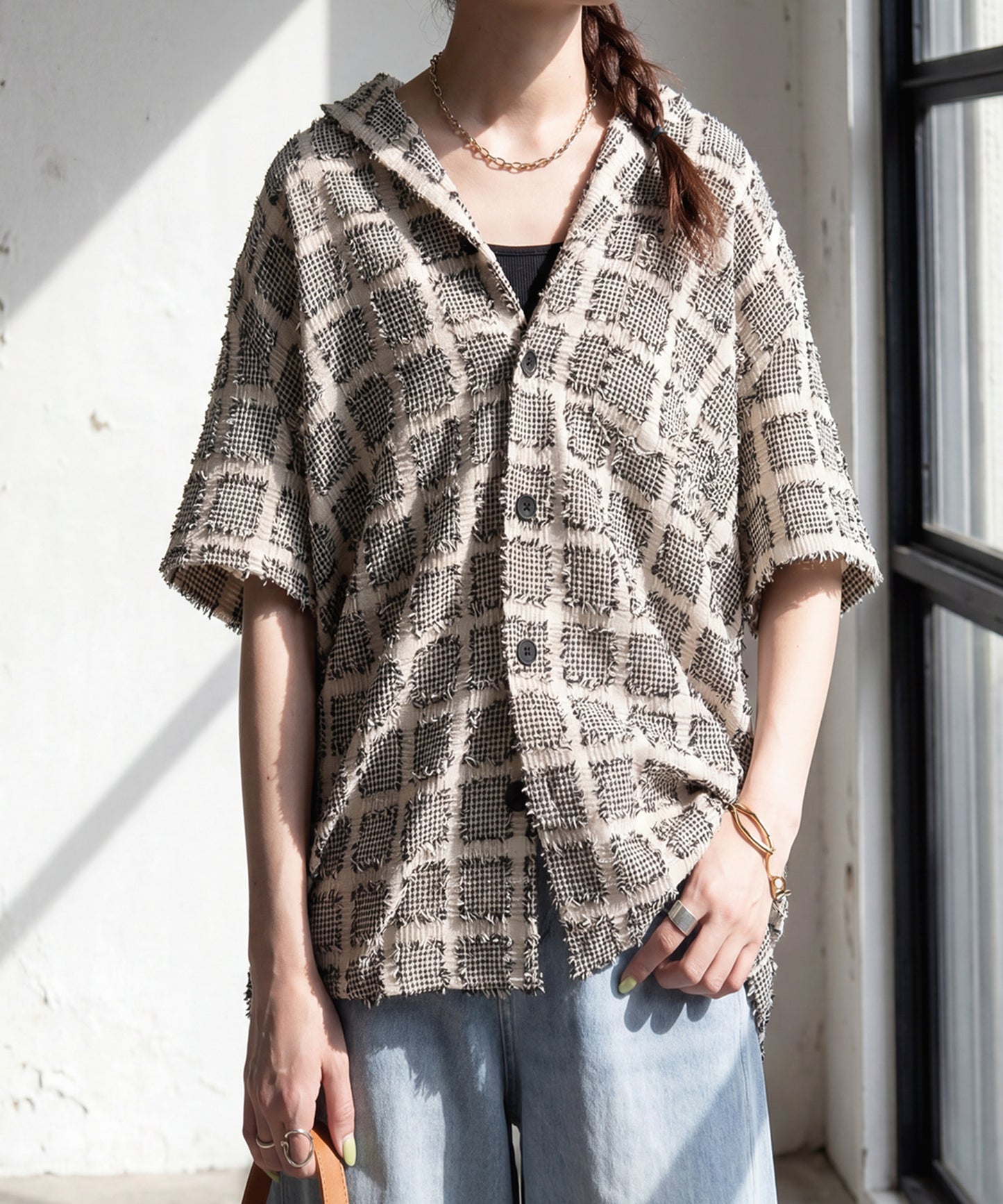 Open-Collar Houndstooth Check Shirt Ladies