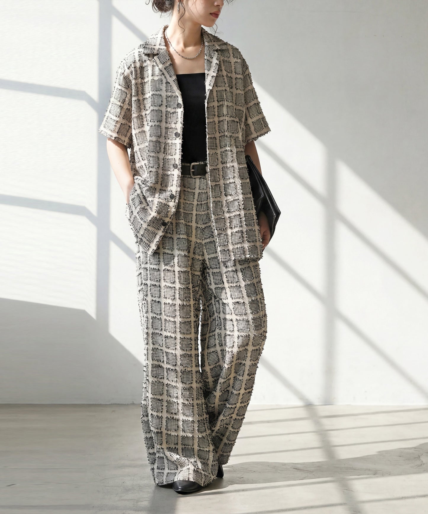 Open-Collar Houndstooth Check Shirt Ladies