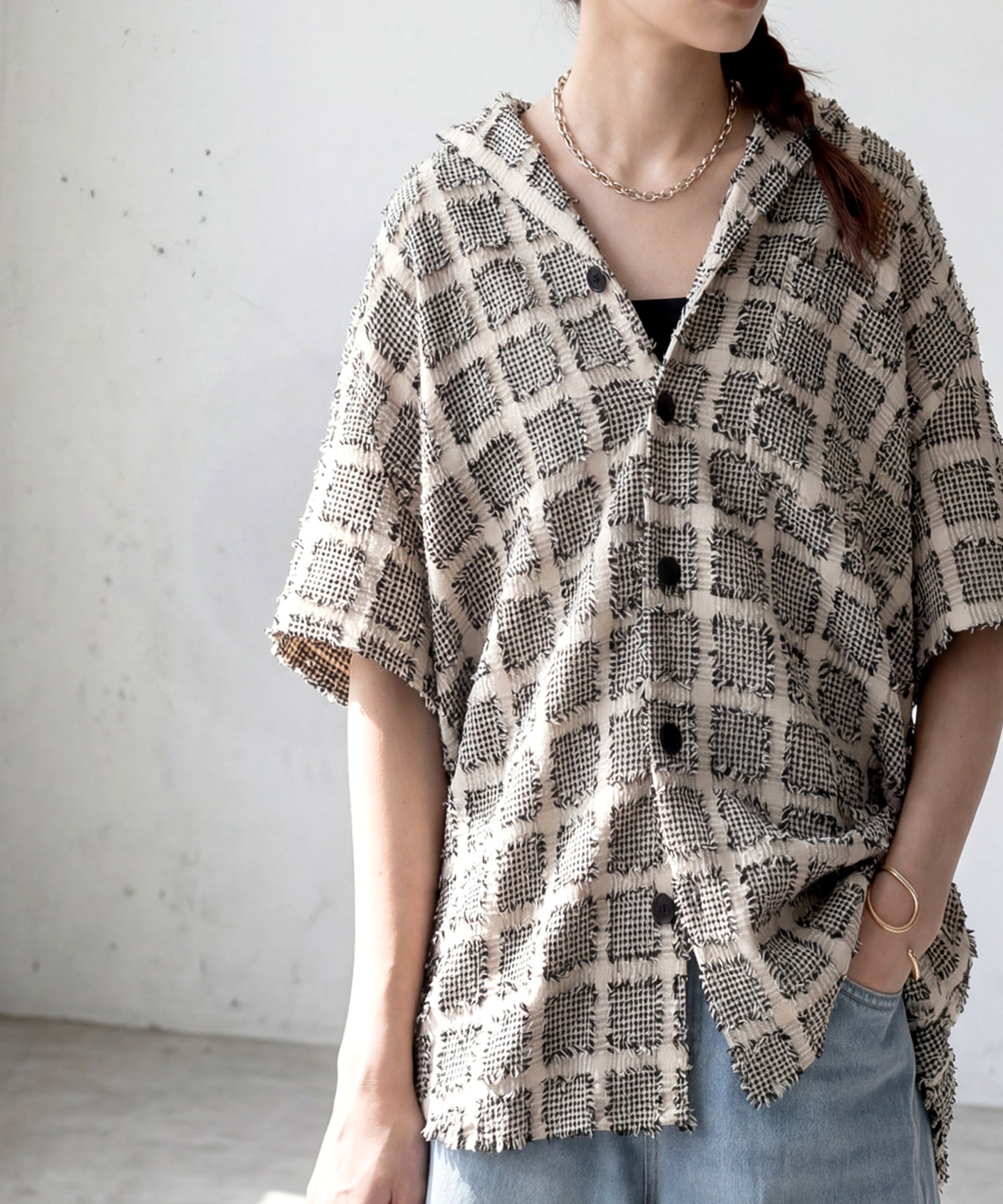 Open-Collar Houndstooth Check Shirt Ladies
