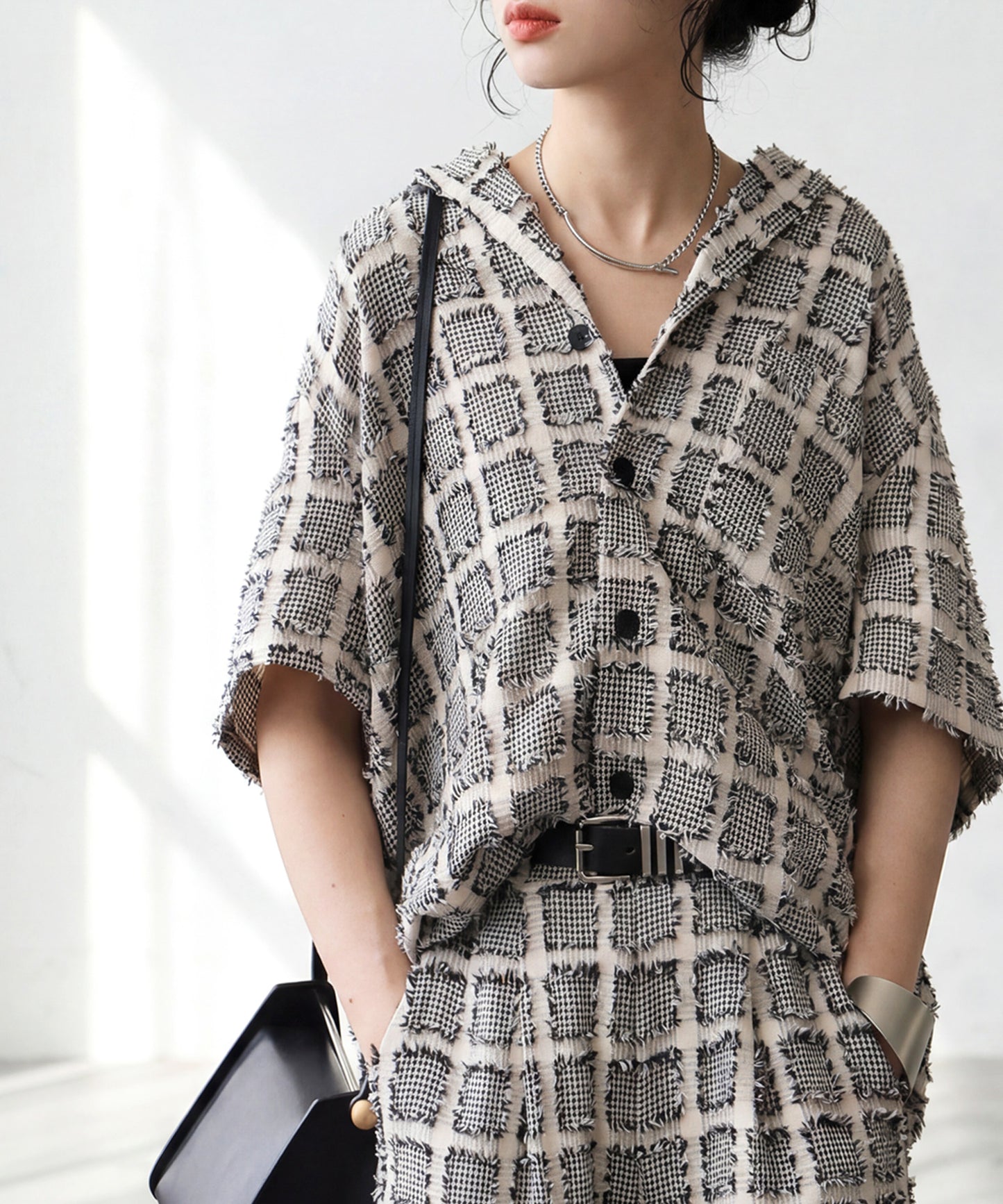 Open-Collar Houndstooth Check Shirt Ladies