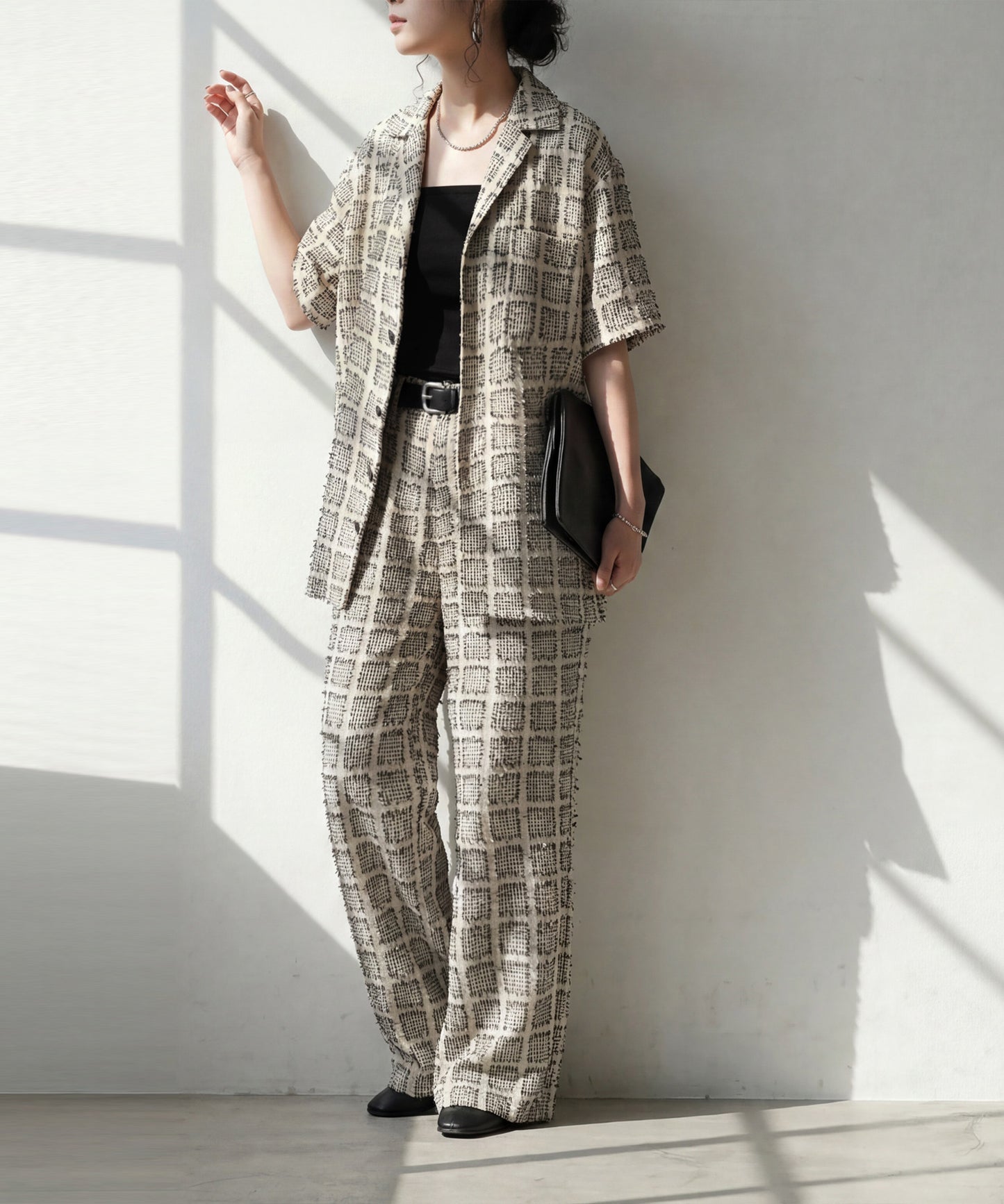 Open-Collar Houndstooth Check Shirt Ladies