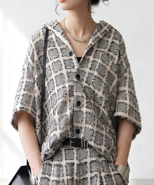 Open-Collar Houndstooth Check Shirt Ladies