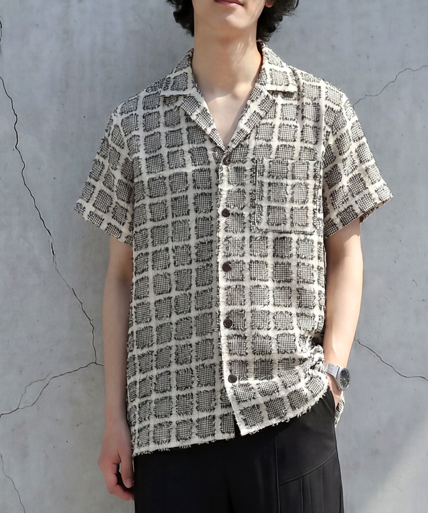 Open-Collar Houndstooth Check Shirt Men’s