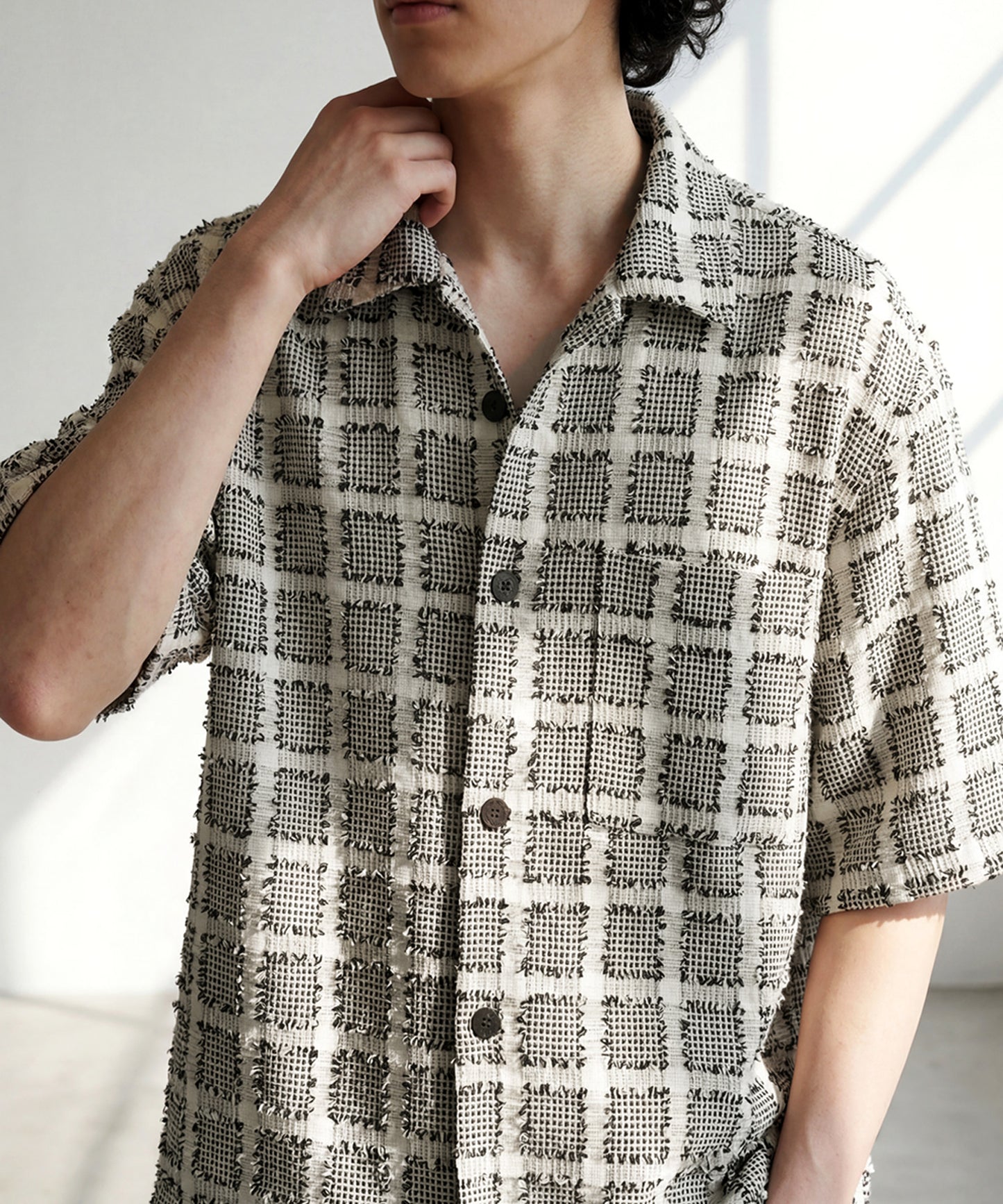 Open-Collar Houndstooth Check Shirt Men’s